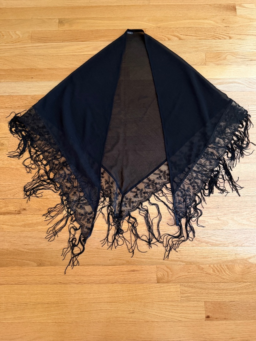 Black Dressy Shawl Wrap with Fringe and Lace Semi Sheer - Picture 3 of 9